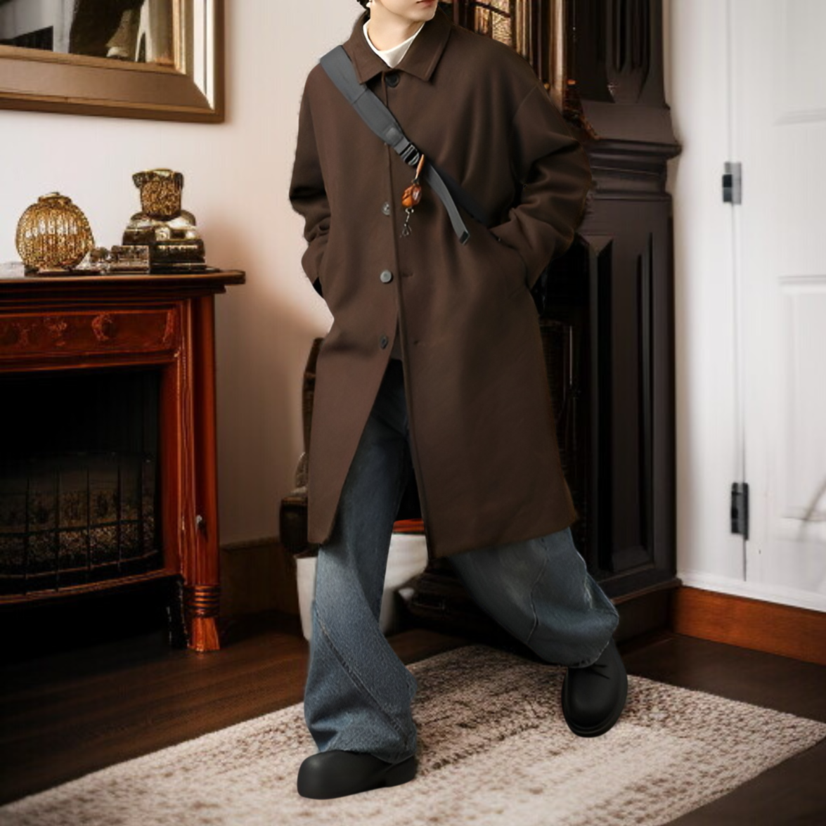 秋冬新作 メンズダブルフェイスウールコート ロング丈 防風 日本スタイル ゆったり厚手襟付き