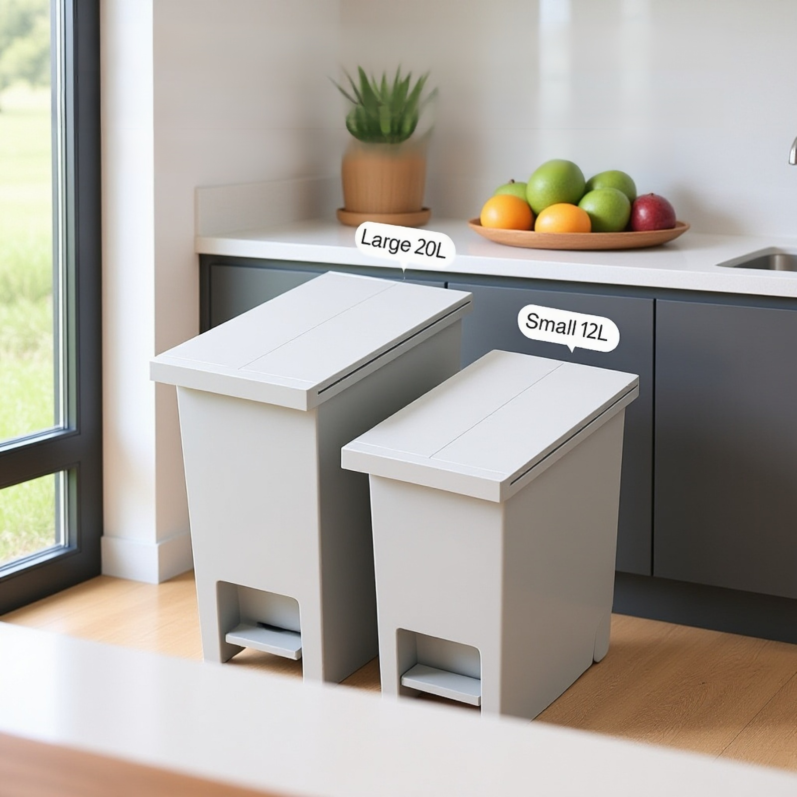Hands-free pedal trash can in spacious kitchen