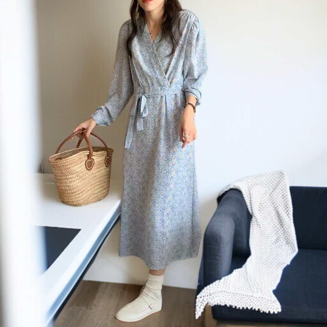 여성 원피스 허리 여리여리 플라워 롱 원피스 엘레강스 브이넥 도라지 스트링 원피스