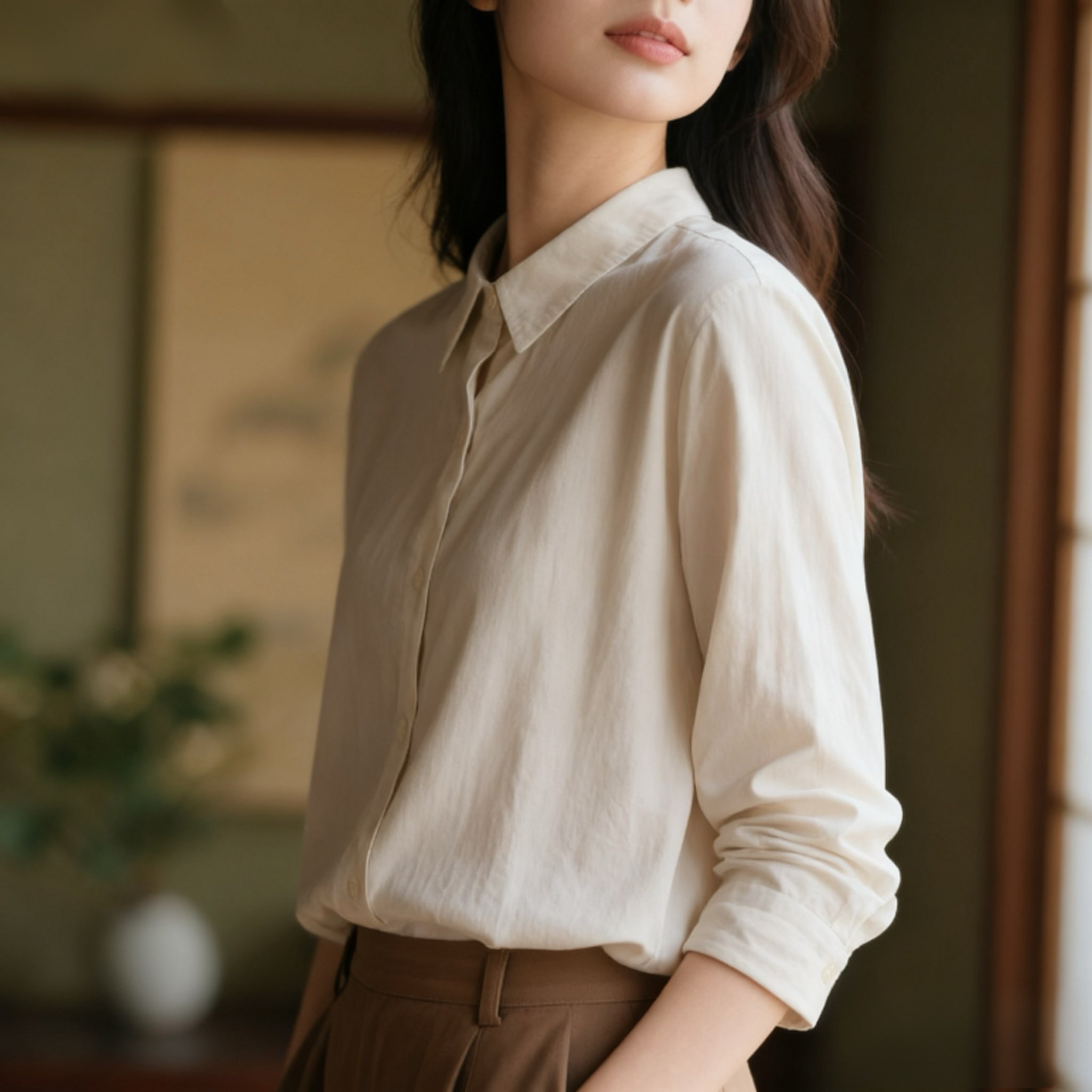 ゆったりシルエットの細見えカジュアルシャツ