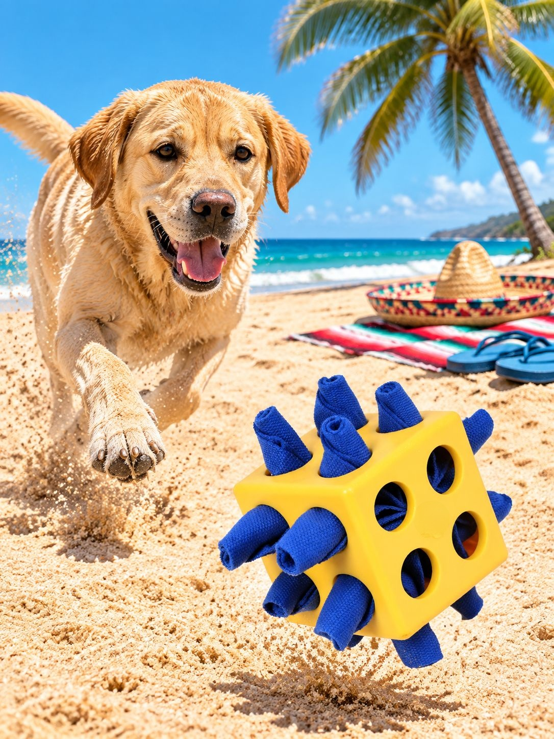 Perro feliz con juguete masticable inteligente