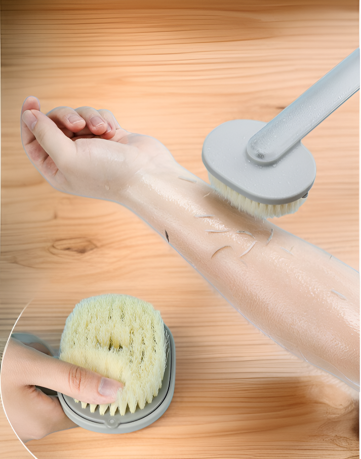 User cleaning back with convenient extended handle scrubber
