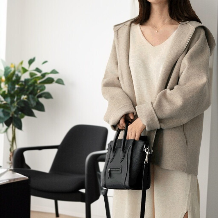 여성 숏 니트 후드 도톰 코트 캐주얼 모직 쁘띠 솔리드 루즈핏 니트 코트