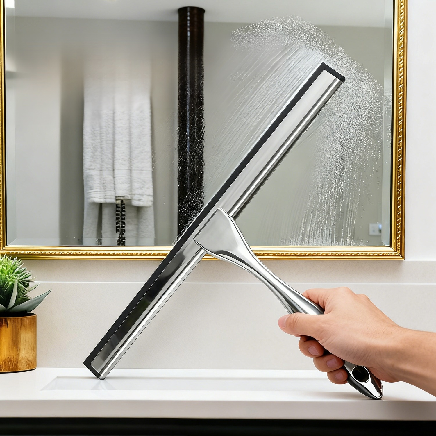 Stainless steel wiper blade for bathroom glass close-up