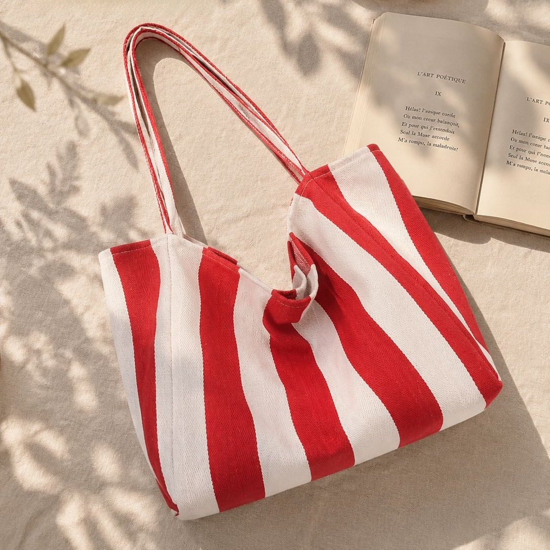 Korean Fashion Large Capacity Striped Tote, Stylish Literary Shoulder Bag