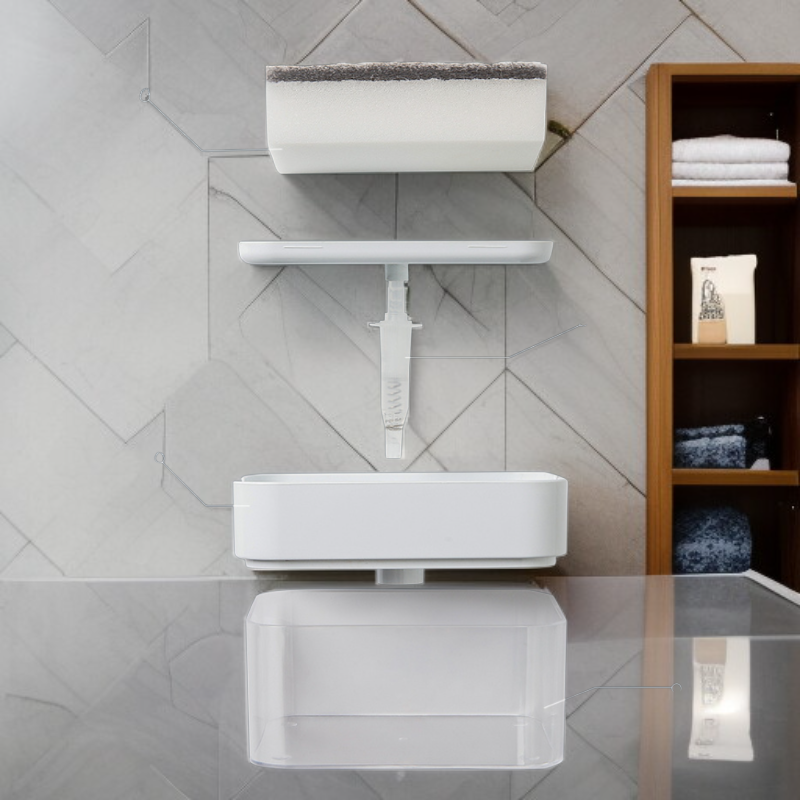 Dish soap dispenser with drainage sponge holder in modern kitchen