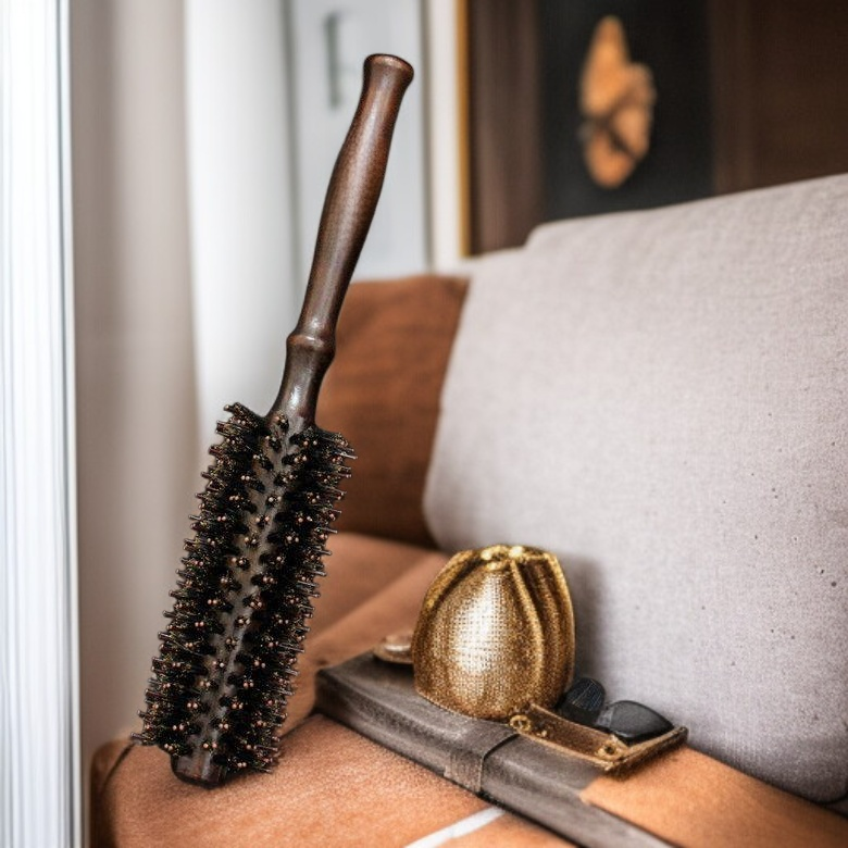 Haarrundbürste mit Wildschweinborsten, Stylingbürste zum Föhnen, Innenwellen und Volumen