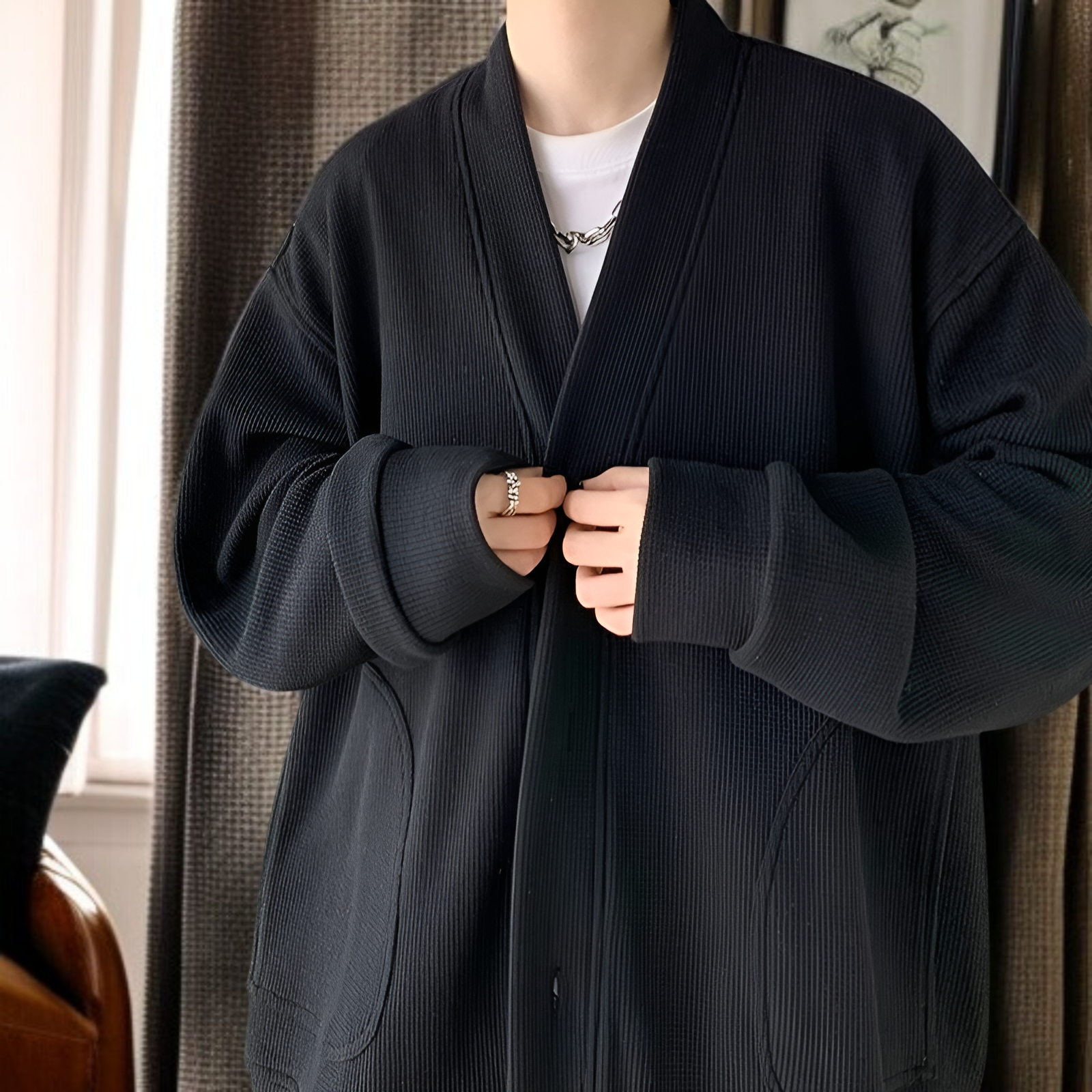 春と秋に着用する男性用のレイジースタイルのウールカーディガンジャケット、Vネックのアメリカンジャケットを備えた先進的な若々しいフードなしセーター