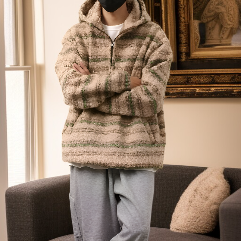 ストライプ柄ウールコートのディテールアップ