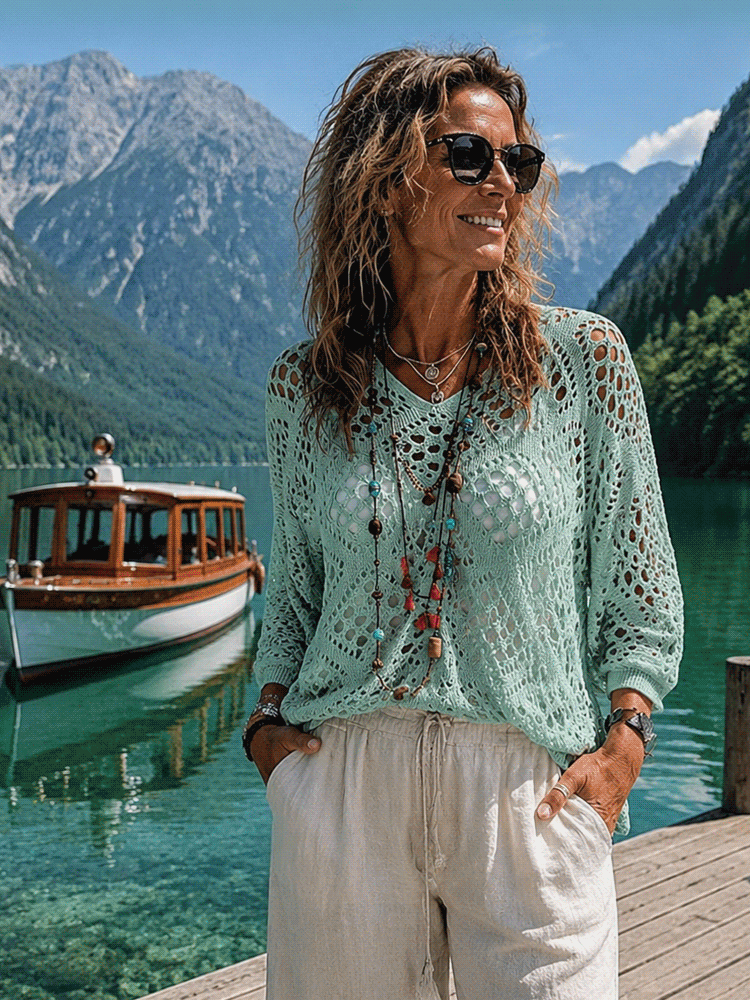 Damen-Boho-Top in Beige mit V-Ausschnitt und Häkeldetail