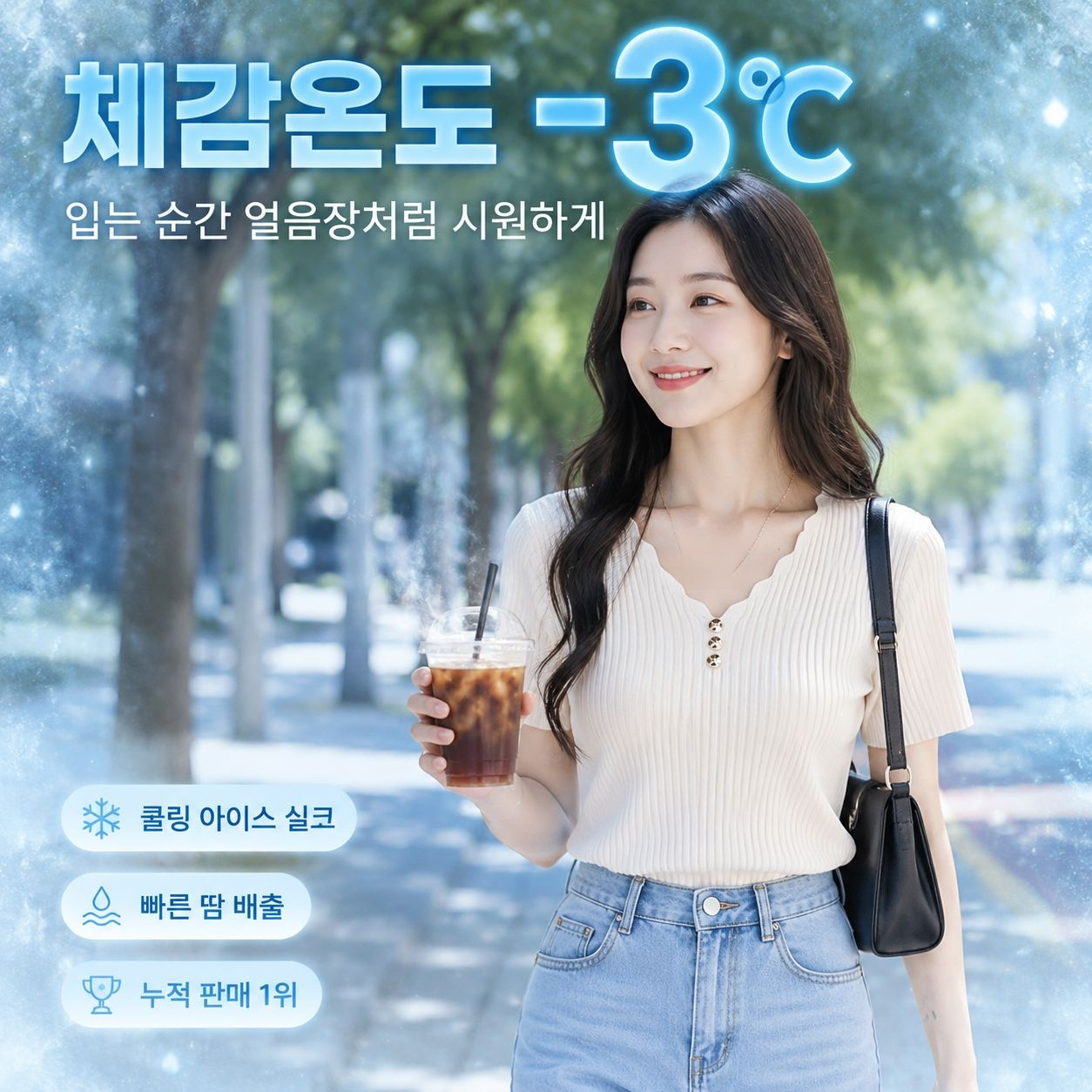 여성용 시원한 아이스 원사 브이넥 버튼 슬림핏 크롭티 (한국 스타일)