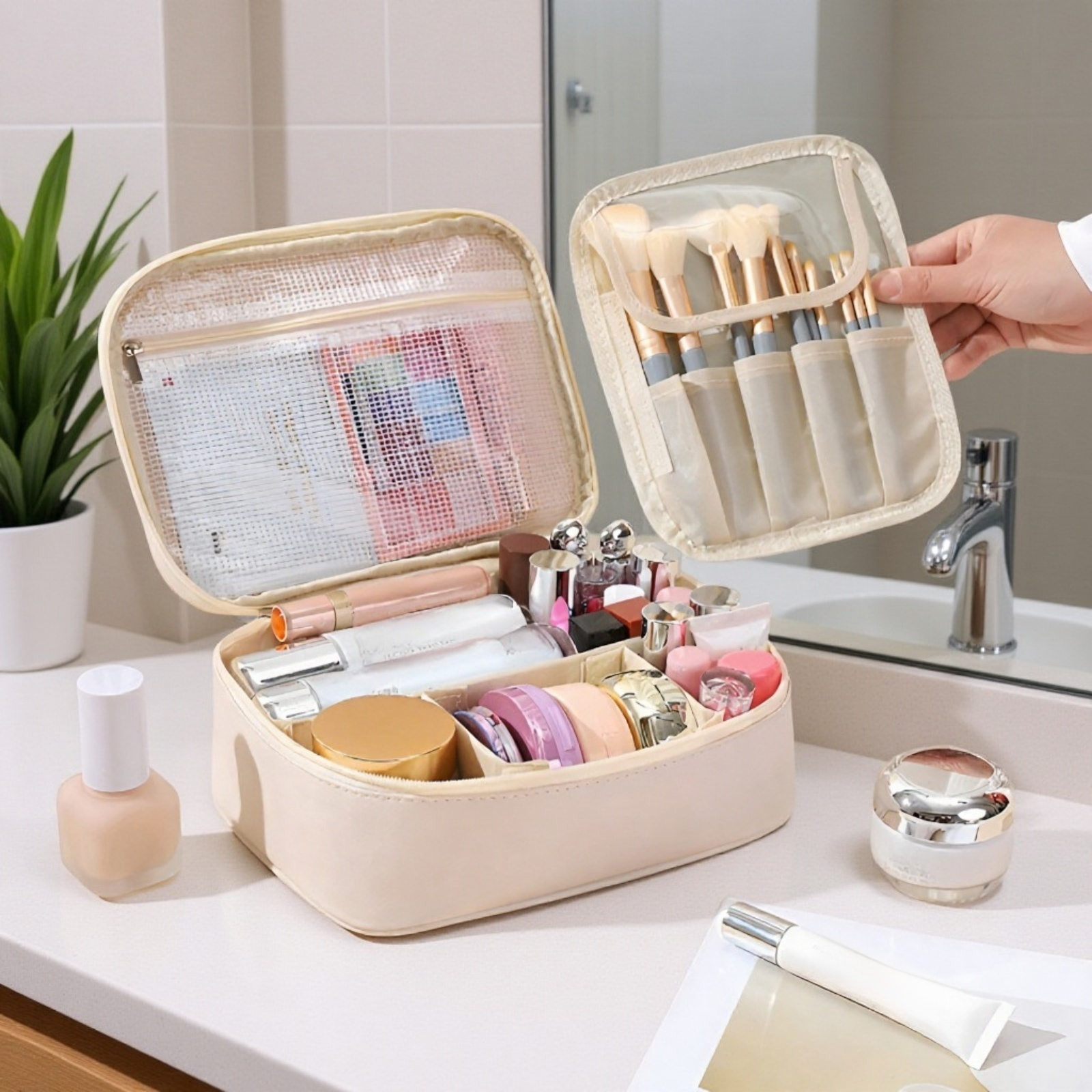 Large capacity portable cosmetic storage bag