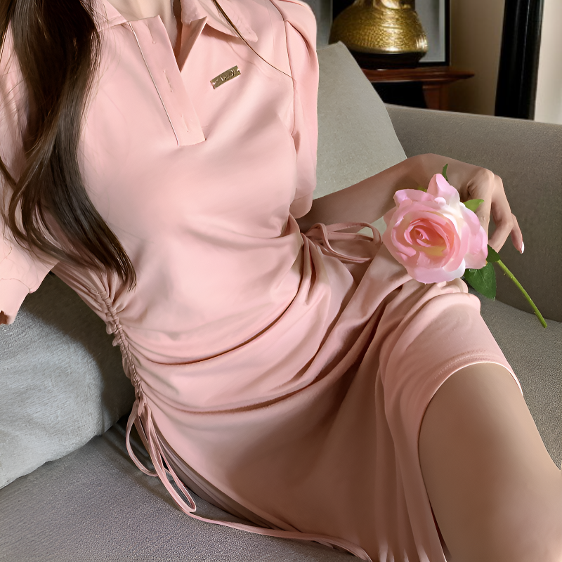 여성 반팔 스트링 조임 원피스 스파이시 A라인 스커트 핑크 원피스