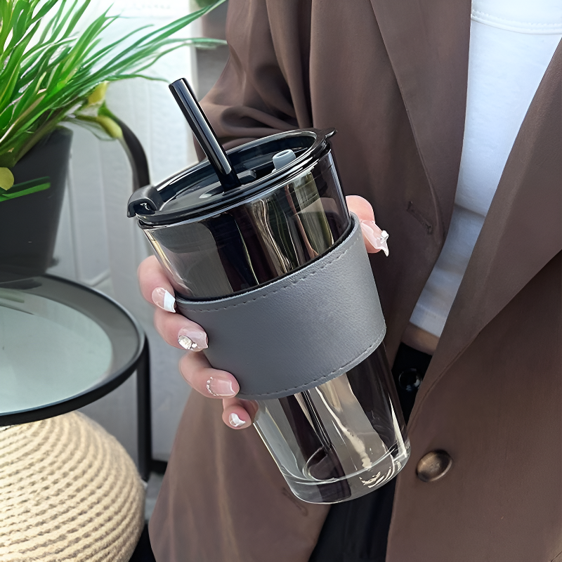 大容量簡約玻璃杯家用雙飲吸管水杯夏季高顏值咖啡杯