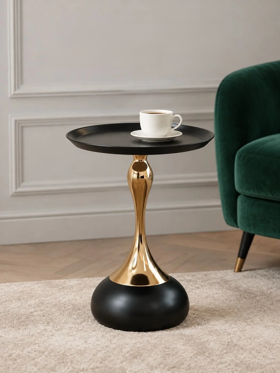 Decorative metal side table shown from a side angle