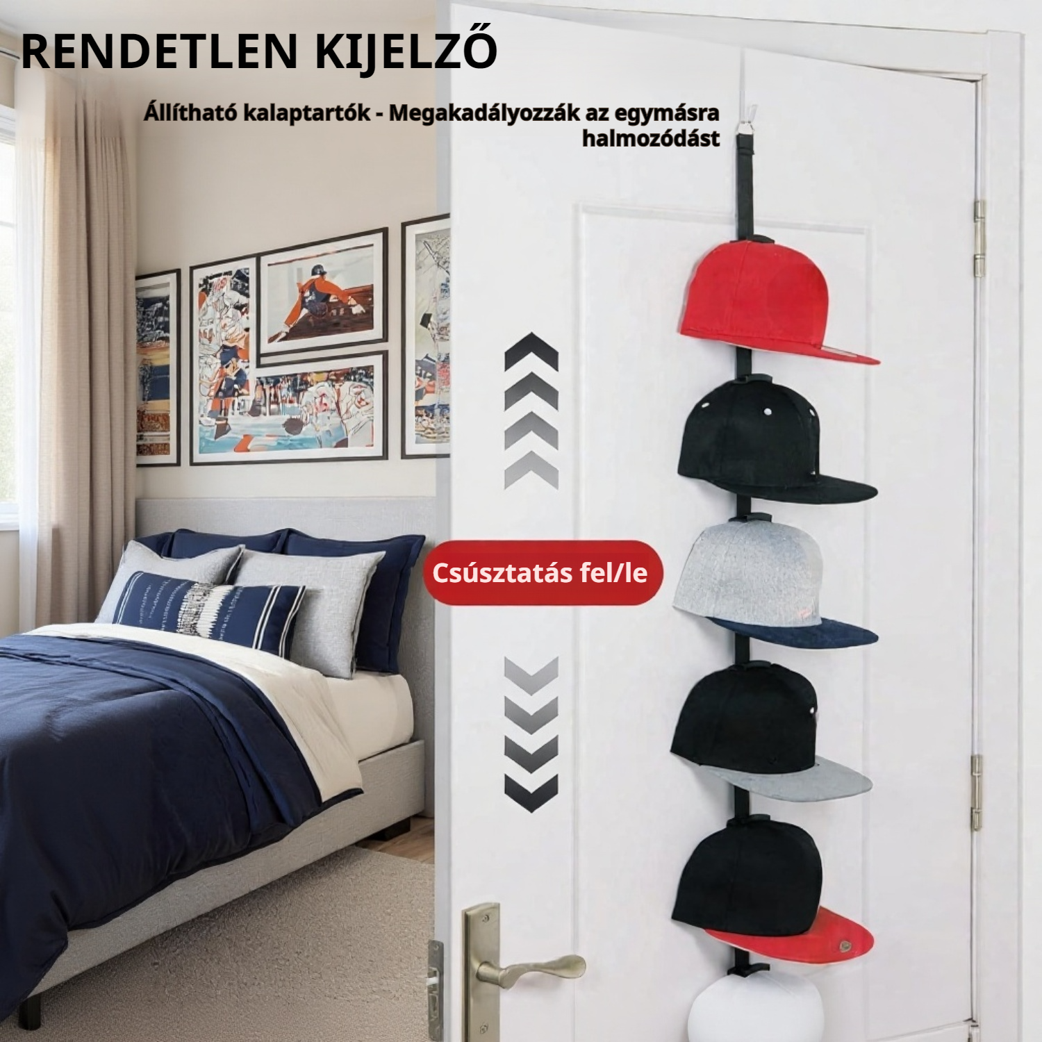  Dupla irányú ajtóra akasztható sapkatartó kampókkal 