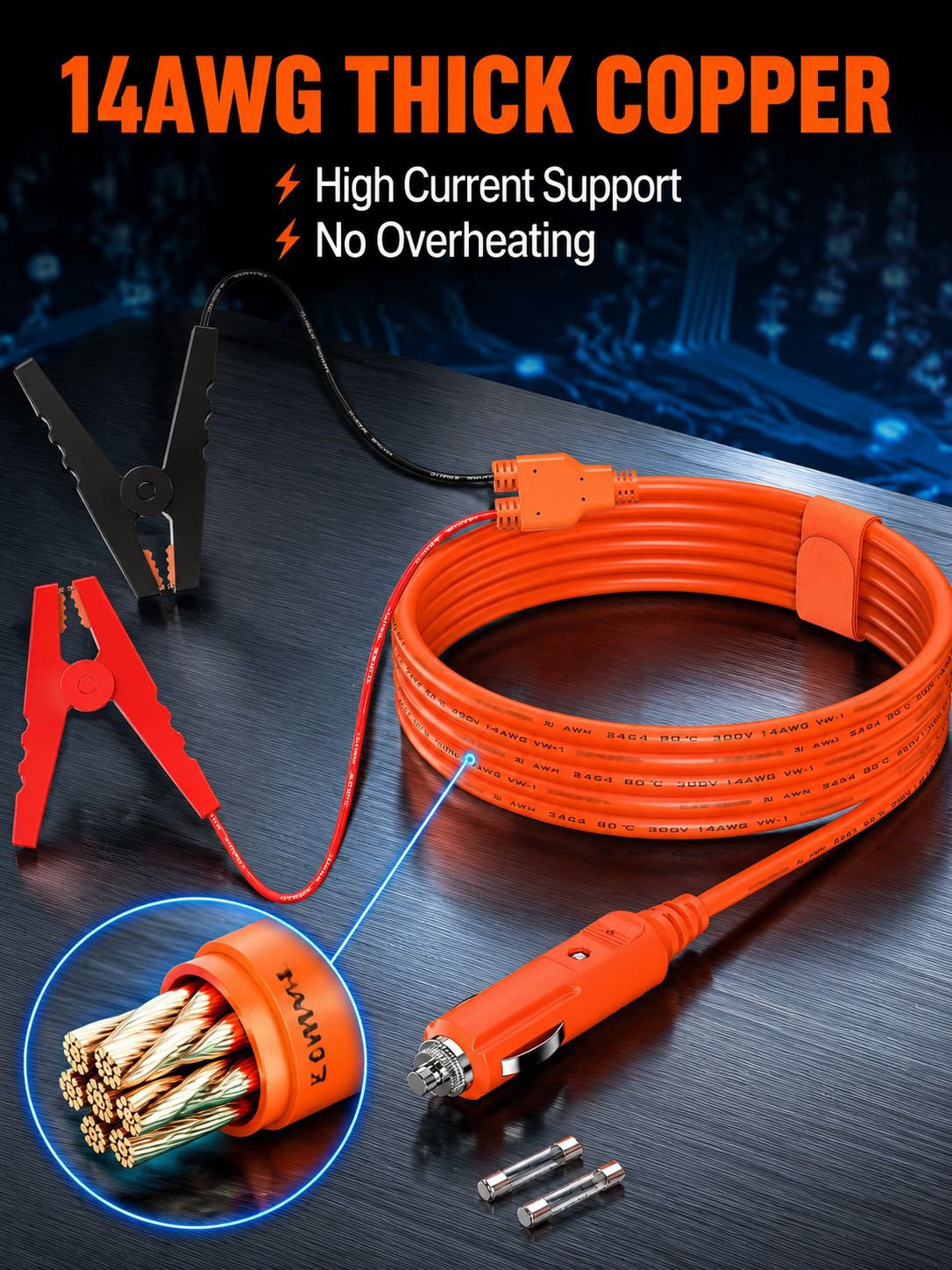 14AWG 2-meter car battery charging cable with cigarette lighter plug to alligator clip, 12V.