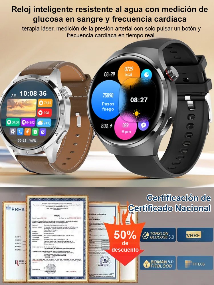  Reloj inteligente impermeable con medición de glucosa y frecuencia cardíaca