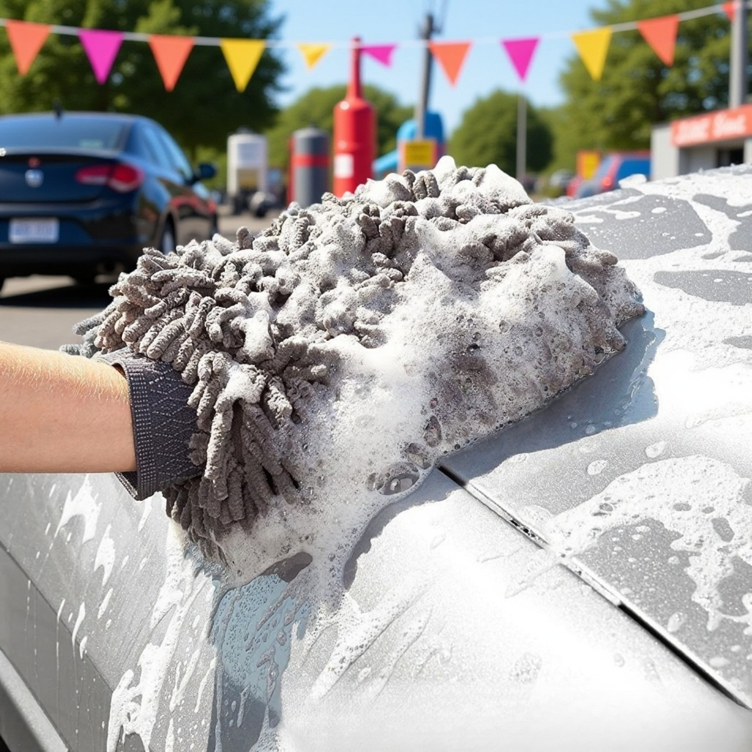 Rukavice na mytí auta v akci – čištění vozu