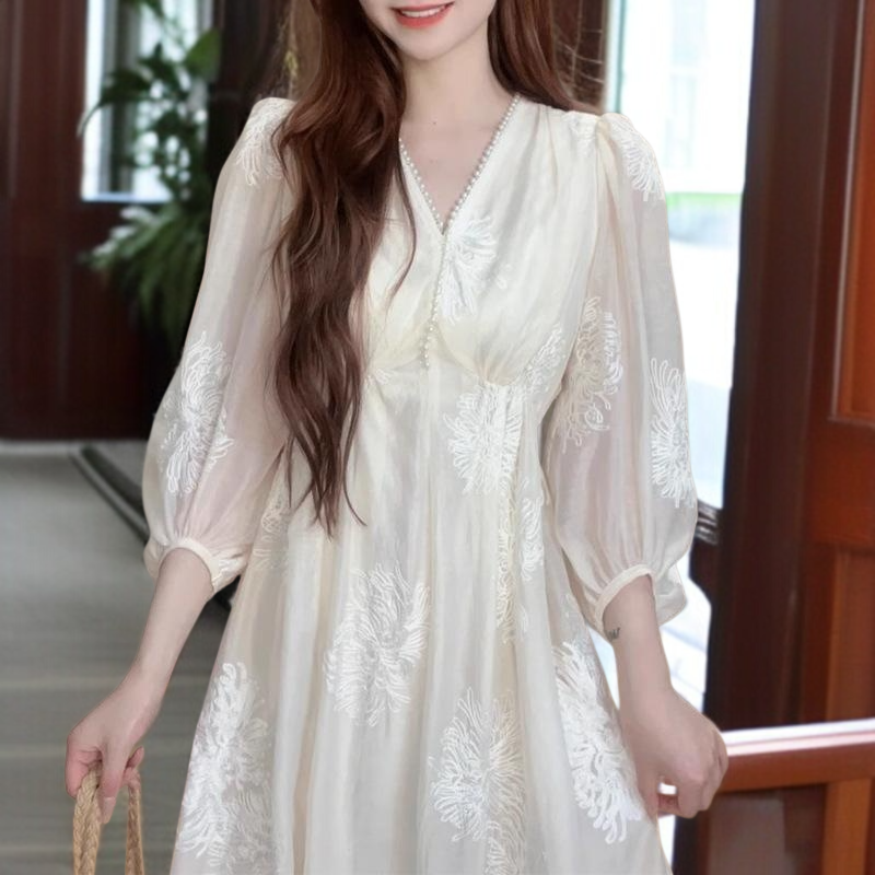 여성 티타임 슬림핏 원피스 하이웨스트 퍼프 브이넥 원피스