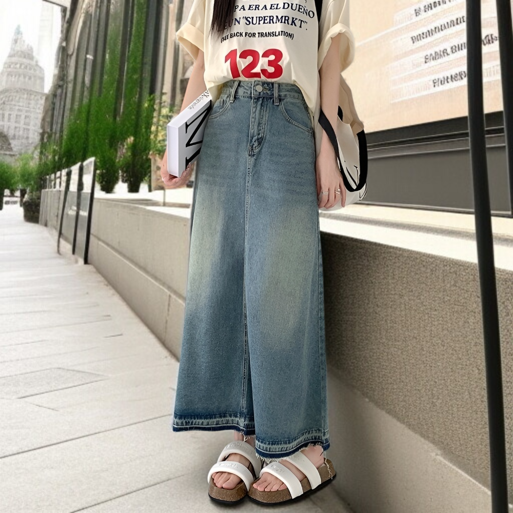 여자 가을 퍼 트리밍 하이웨스트 날씬 롱스커트 여성 A라인 롱스커트 왕단 롱스커트 데님 스커트 세트