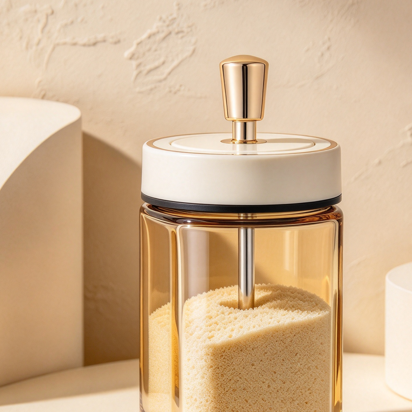 Eight spice jars arranged together on a kitchen counter