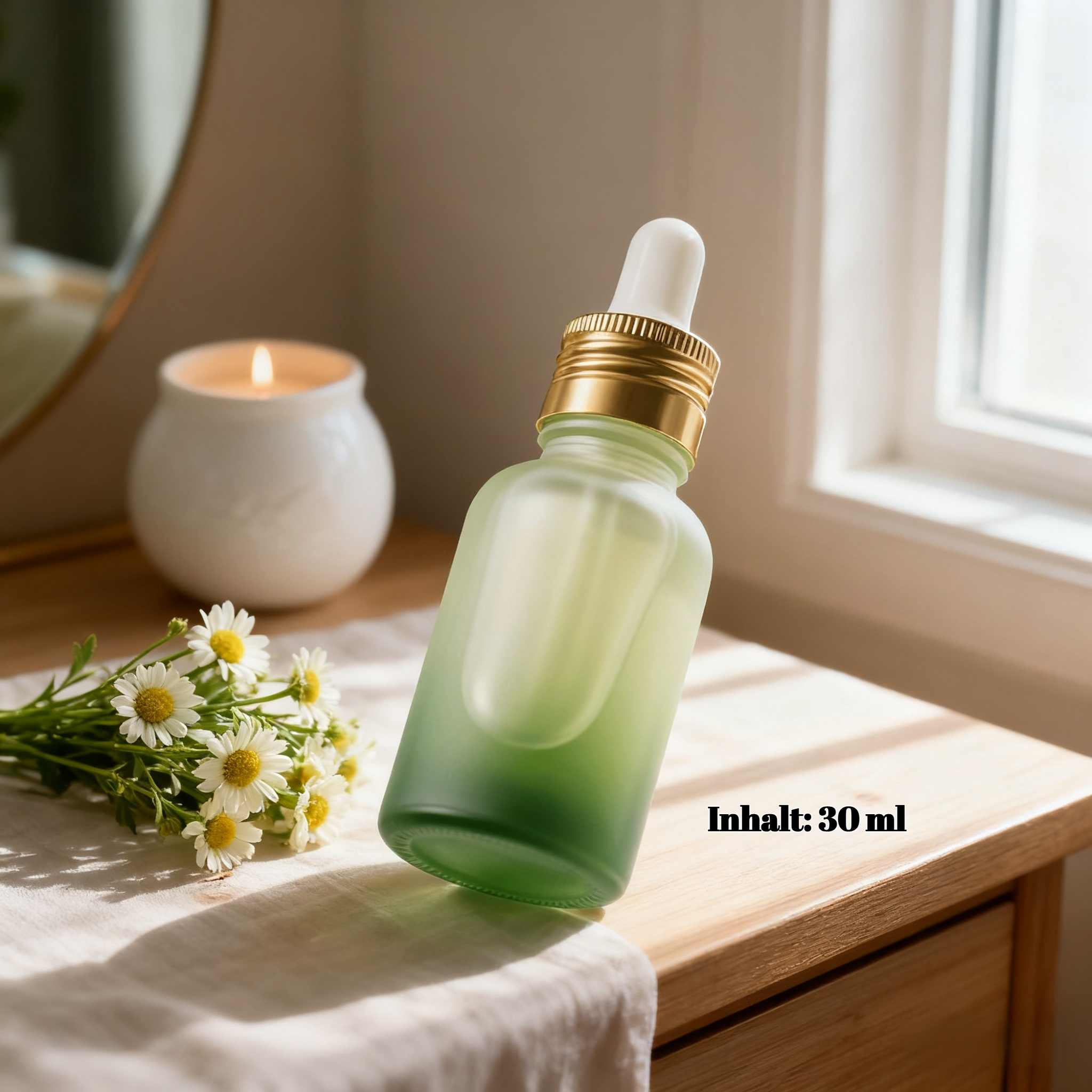 Hand hält Flasche mit feuchtigkeitsspendendem Kamillenöl