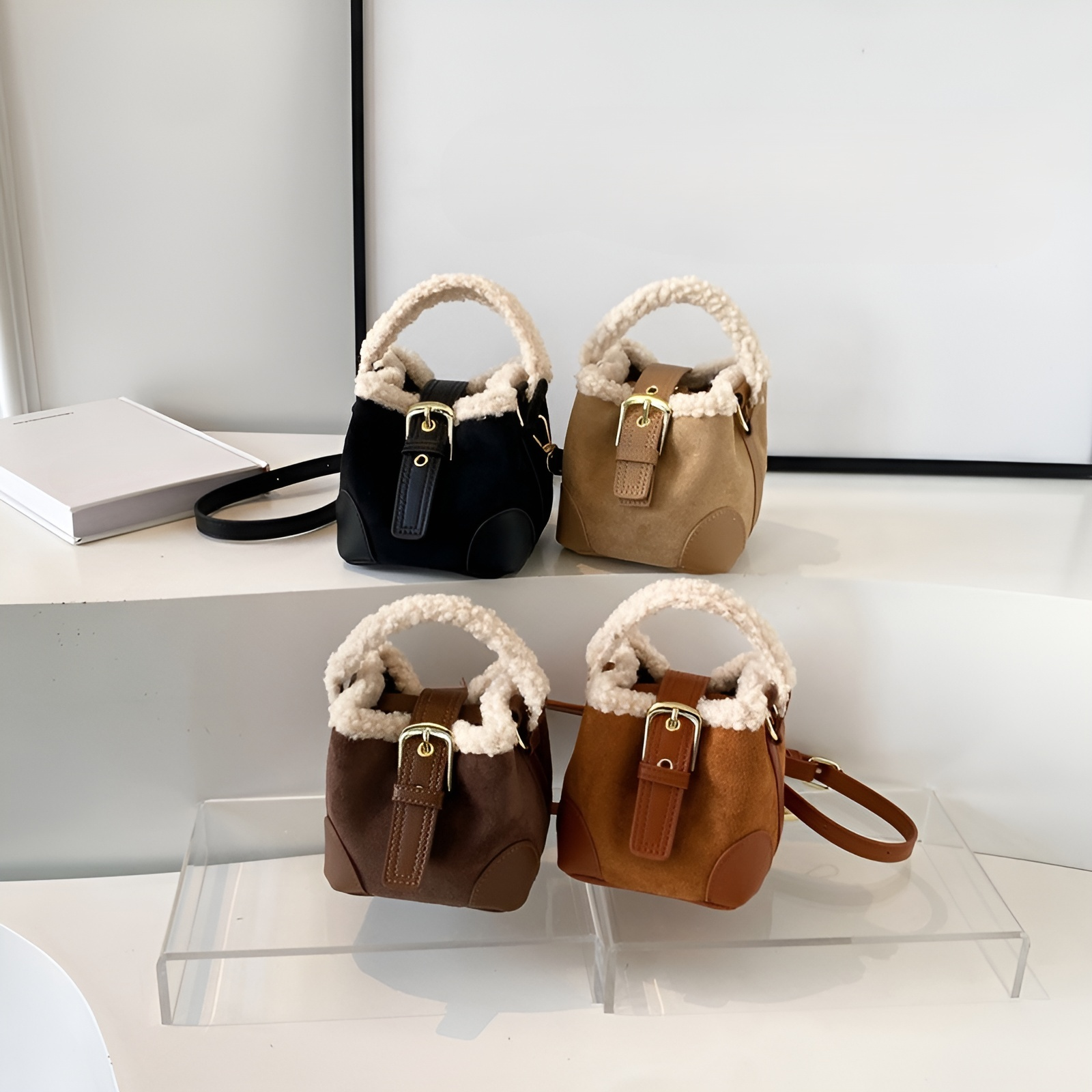 韓版時尚迷你磨砂拼色百搭羊羔絨兒童水桶包