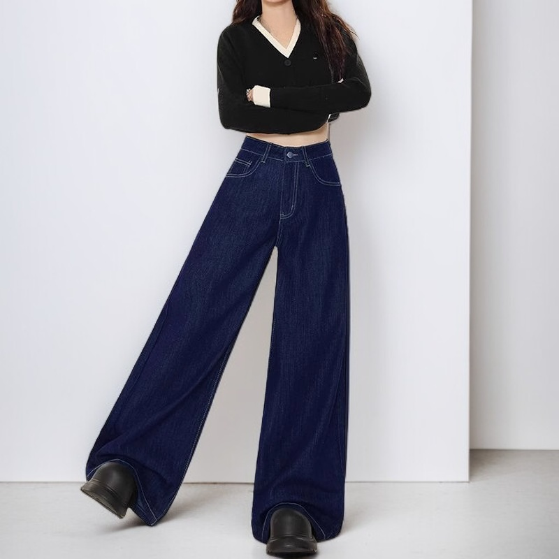レトロなダークブルーのワイドレッグジーンズ