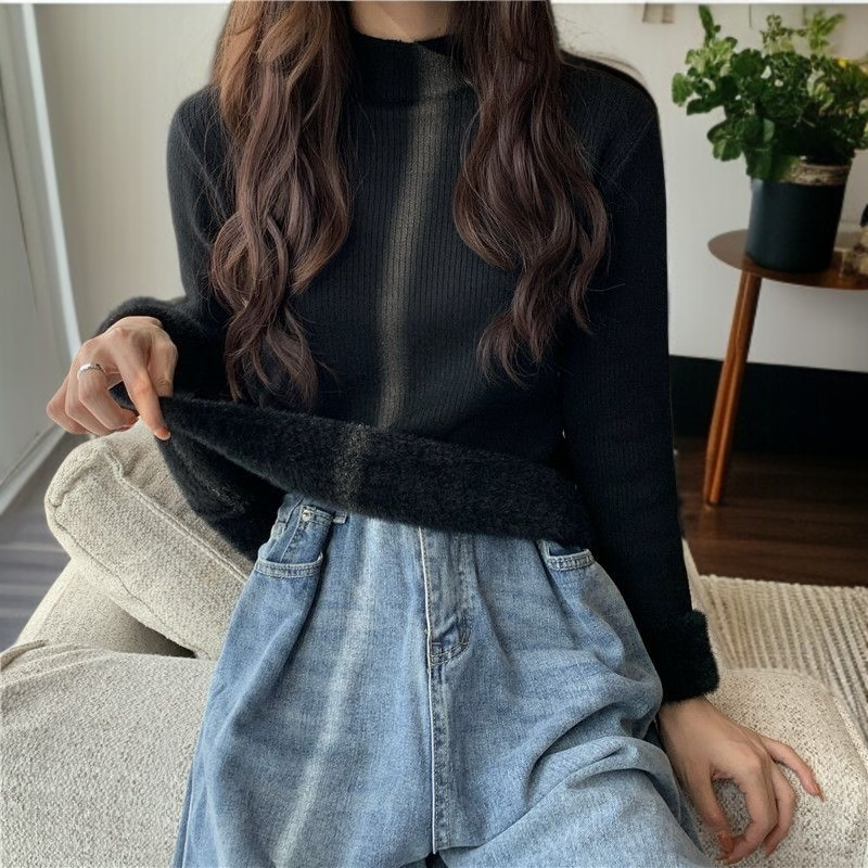 中わた入り厚手ニットレディース長袖ワンピースフリーストップス秋冬ボトムスシャツハーフハイネックニットソー