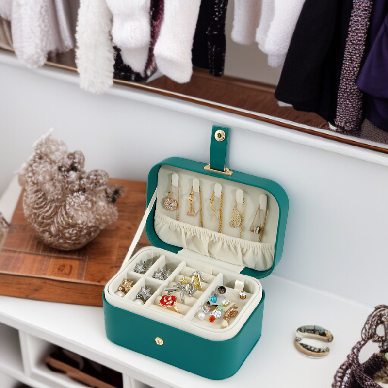 Button Flip 2-lagige Reise-Schmuckschatulle für Halskette, Ohrring, Ring