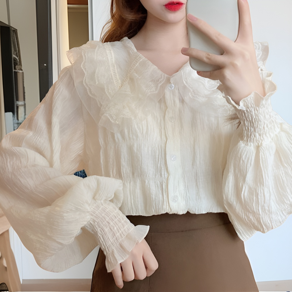 甘いプリーツ長袖レディースシャツ 春秋新作デザイン感