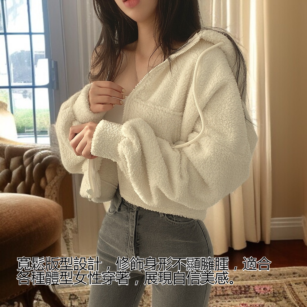 女士羊羔絨衛衣連帽外套正面展示