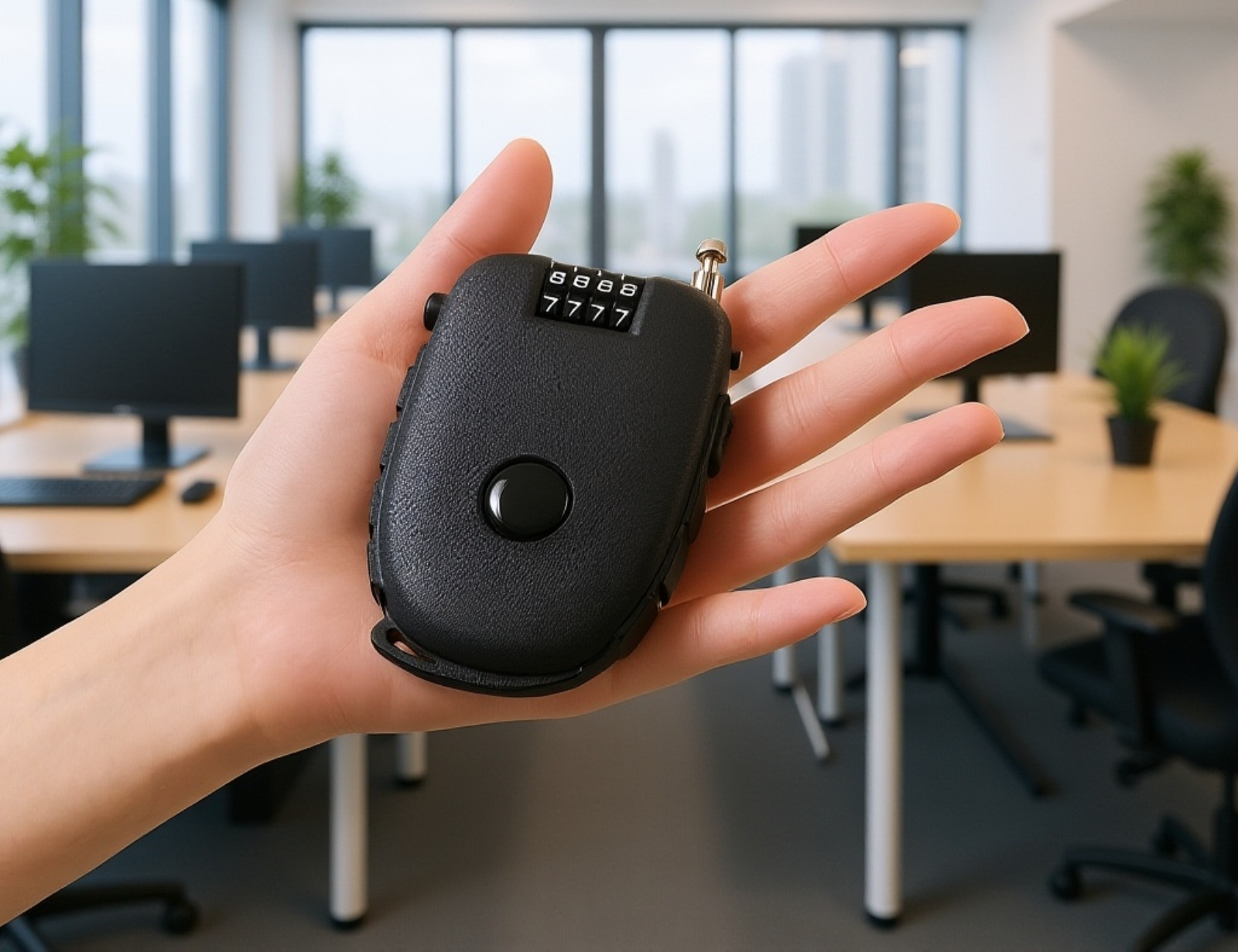 Candado de alambre portátil sujetando un casco de moto