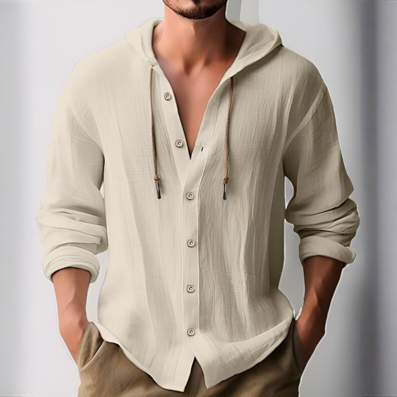 メンズフード付きTシャツ、無地、コットンリネン、メンズカジュアル長袖トップス