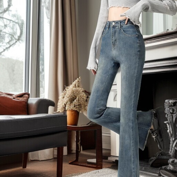 여성 하이웨스트 조거 스판 슬림핏 데님 팬츠 봄 퍼플레어 데님 팬츠