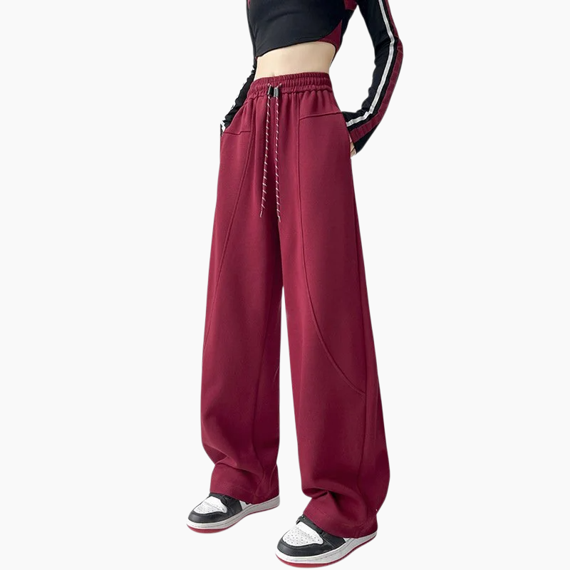안소 와이드 와이드 팬츠 일자 하이웨스트 트레이닝 팬츠 여 캐주얼 맨투맨 레드 스트링 팬츠