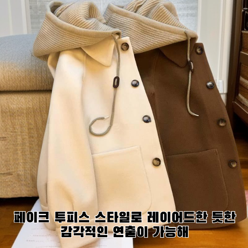 패치워크 후드 울 코트, 빈티지 루즈핏 재킷, 페이크 투피스 여성 코트