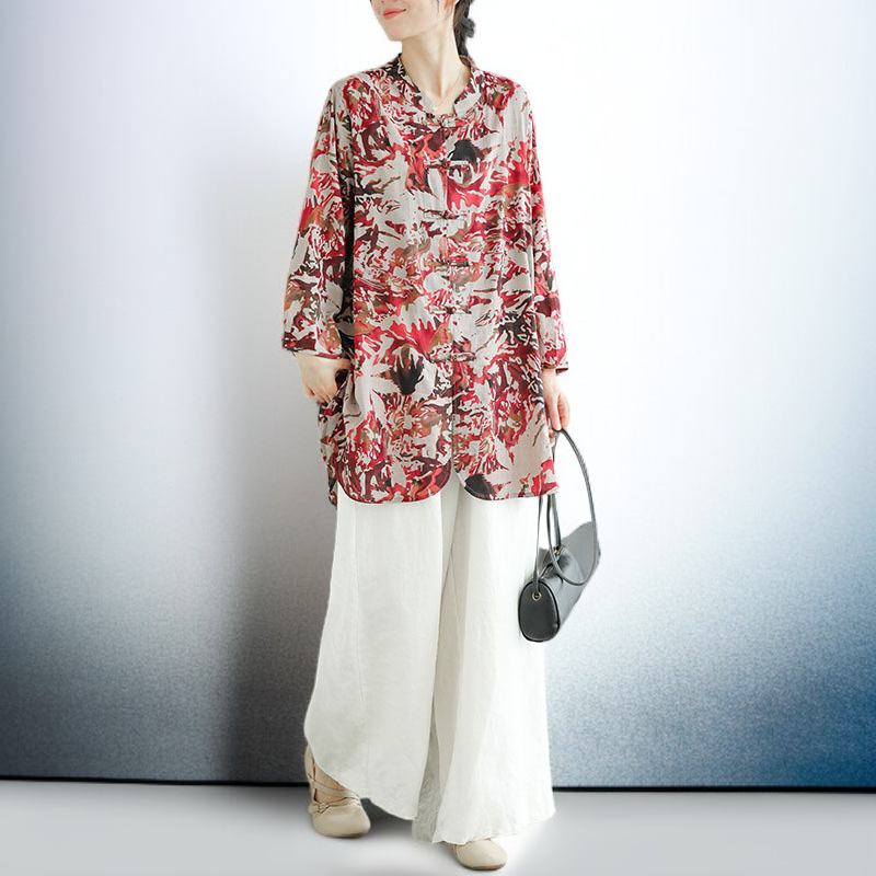 レディース レトロ コットンリネン プリントトップス