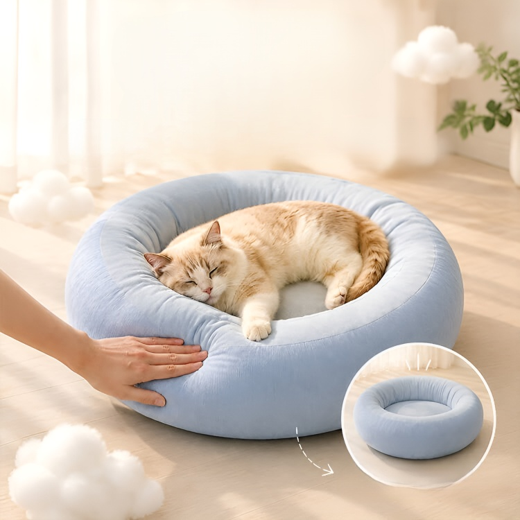 全面包みペットベッド、ドーナツ型デザイン、猫や犬の快適な睡眠に最適
