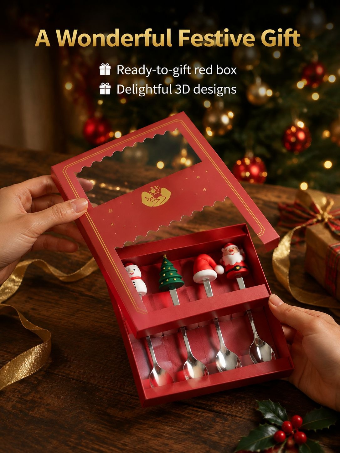 Holiday party table setting with cartoon Christmas spoons