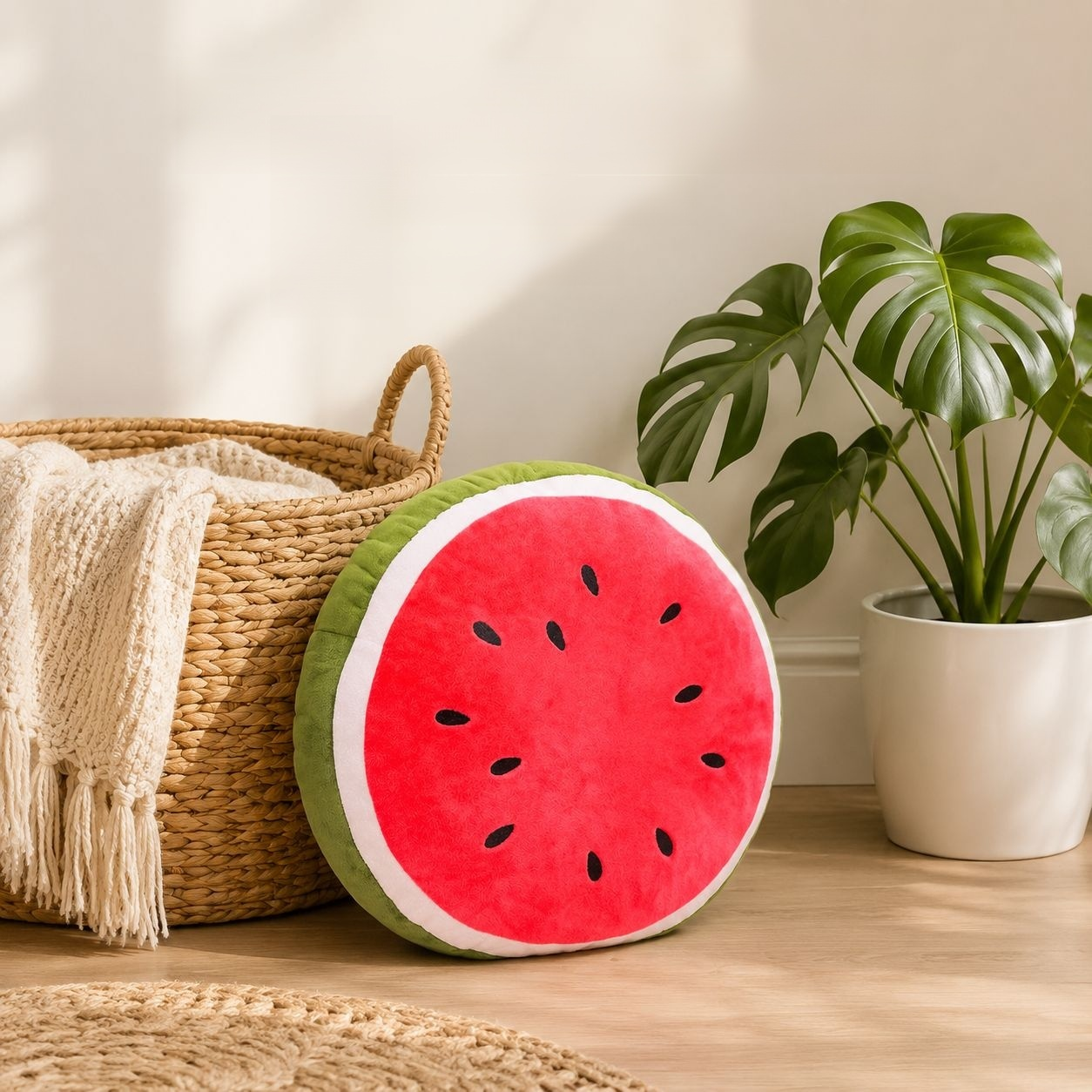 Soft watermelon plush pillow displayed as a decorative cushion