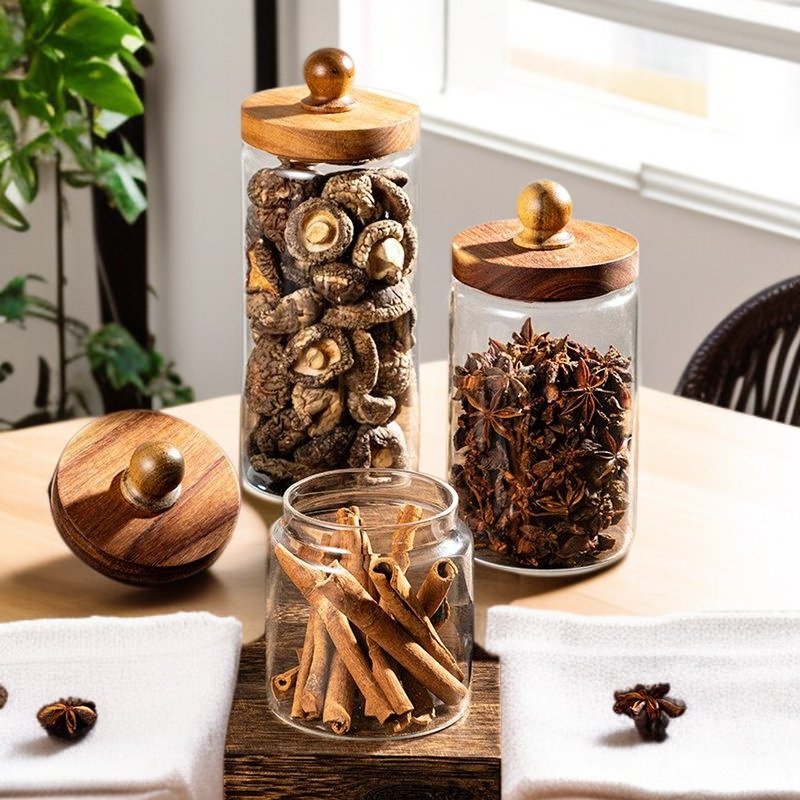 고붕규산 유리 밀폐 용기 중국식 나무 뚜껑 저장병 향신료통