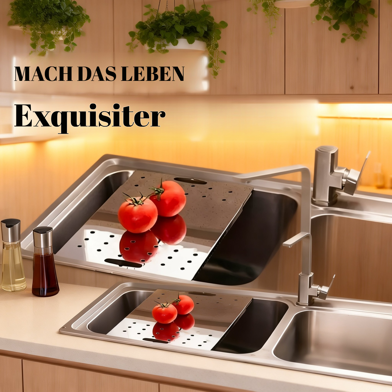 Edelstahl Spülbecken Abtropfgestell mit Schneidebrett in moderner Küche