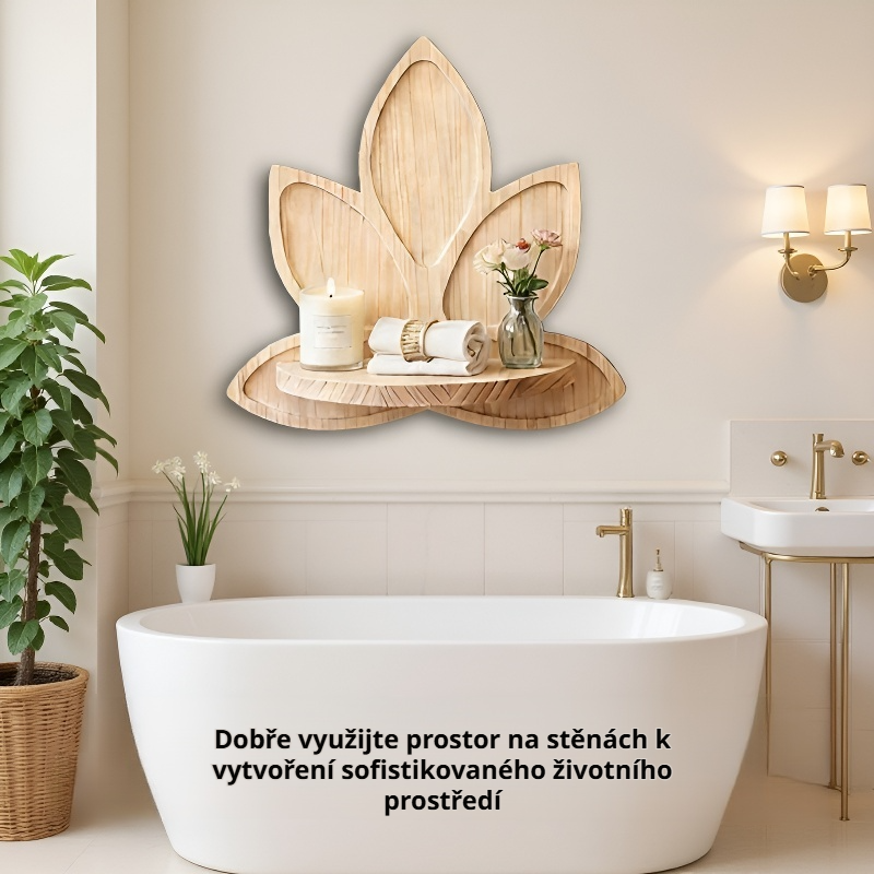 Nástěnná police z masivního dřeva ve tvaru lotosu