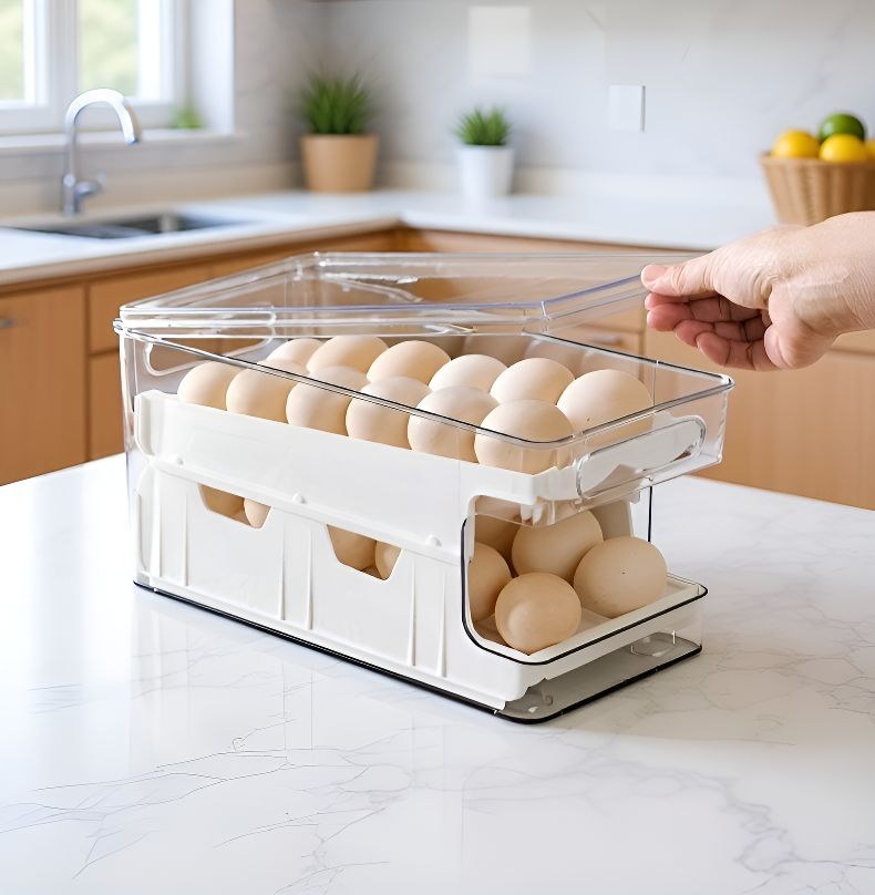 クローゼット内の透明収納ボックス使用例