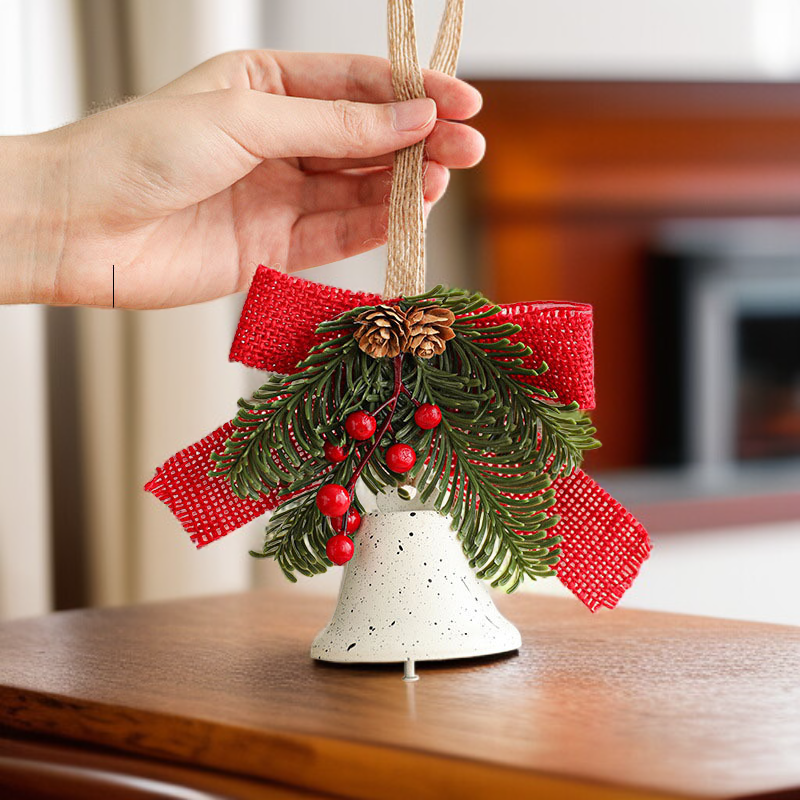 Metal Christmas Bell Ornament with Bow, Pine Needles, and Red Berries for Door 