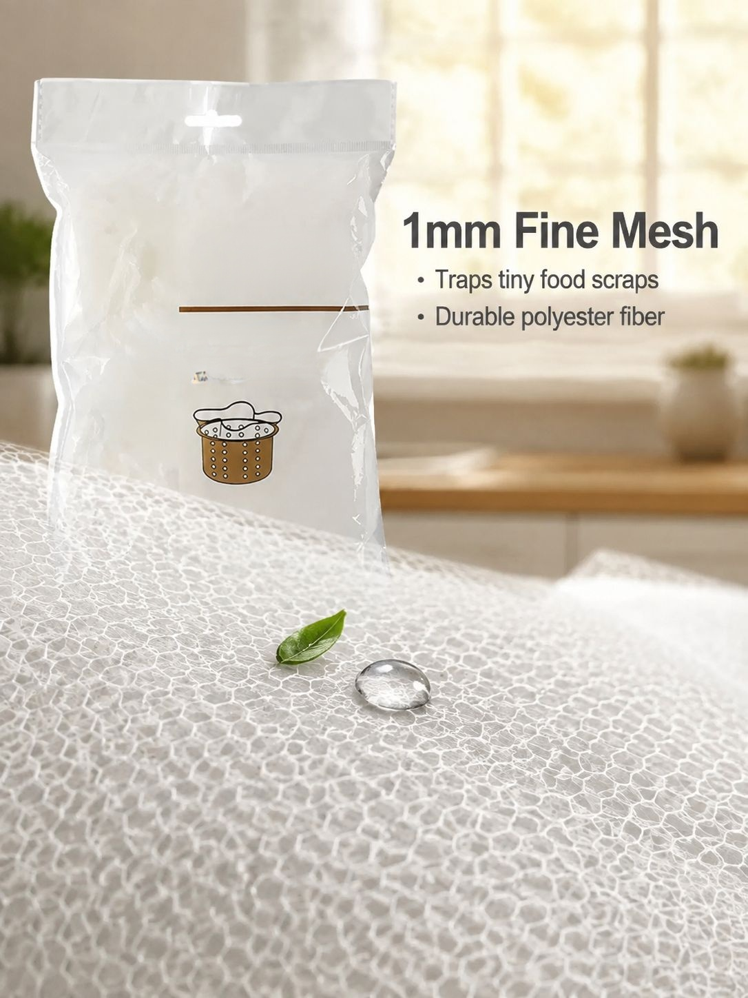 Disposable sink garbage filter catching food scraps and kitchen waste