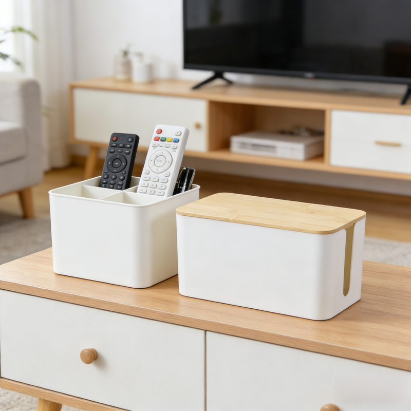 กล่องจัดระเบียบสายไฟฝาไม้ไผ่ สำหรับวางบนโต๊ะ