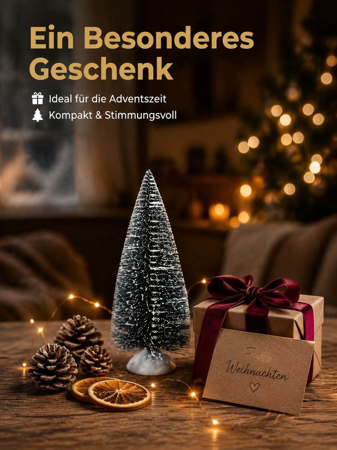 Mini-Weihnachtsbaum mit Kiefernnadeln und schneebedeckten Kiefern, ein kleiner grüner Weihnachtsbaum